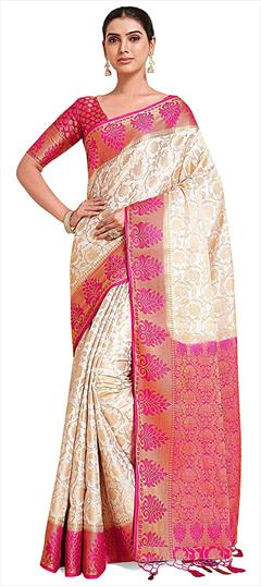 Traditional, Wedding White and Off White color Saree in Kanchipuram Silk, Silk fabric with South Zari work : 1788414