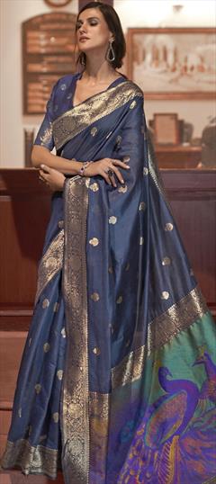 Traditional Blue color Saree in Handloom fabric with South Weaving work : 1788437