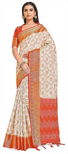 Traditional, Wedding White and Off White color Saree in Kanchipuram Silk, Silk fabric with South Zari work : 1788442