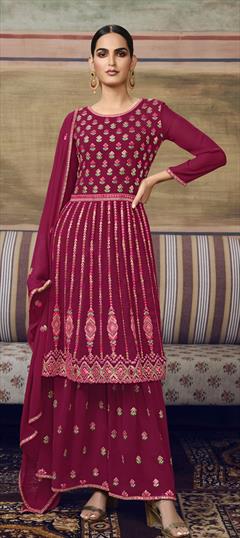 Festive, Reception Pink and Majenta color Salwar Kameez in Georgette fabric with Sharara Embroidered, Thread work : 1788481