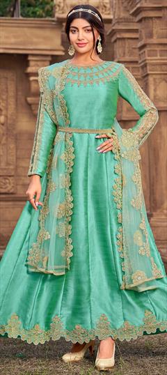 Festive, Party Wear Green color Salwar Kameez in Silk fabric with Anarkali Embroidered, Thread work : 1788542