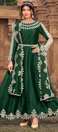 Festive, Party Wear Green color Salwar Kameez in Silk fabric with Anarkali Embroidered, Thread work : 1788544
