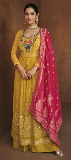 Festive, Party Wear Gold color Salwar Kameez in Georgette fabric with A Line, Palazzo Cut Dana, Embroidered, Resham, Sequence, Thread work : 1788687