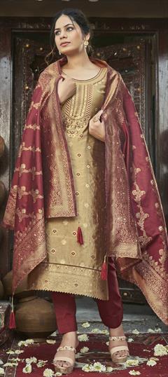 Festive, Party Wear Beige and Brown color Salwar Kameez in Jacquard fabric with Straight Stone, Swarovski, Weaving work : 1788700