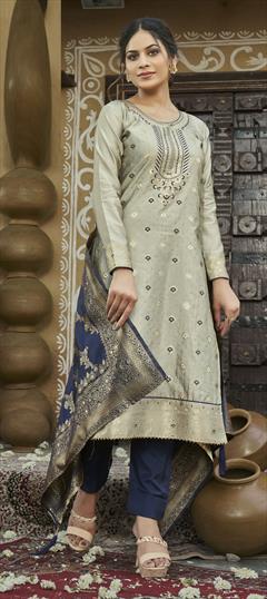 Festive, Party Wear Black and Grey color Salwar Kameez in Jacquard fabric with Straight Stone, Swarovski, Weaving work : 1788703