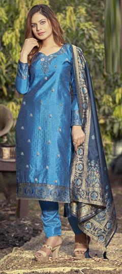 Festive, Party Wear Blue color Salwar Kameez in Jacquard fabric with Straight Stone, Swarovski, Weaving work : 1788710