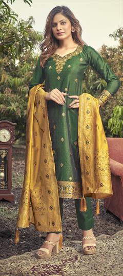 Festive, Party Wear Green color Salwar Kameez in Jacquard fabric with Straight Stone, Swarovski, Weaving work : 1788714