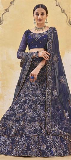 Bridal, Wedding Blue color Lehenga in Net fabric with A Line Embroidered, Sequence, Thread work : 1788792