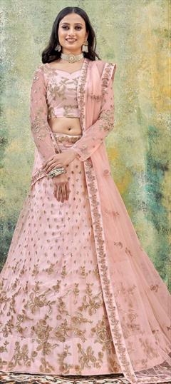 Bridal, Wedding Pink and Majenta color Lehenga in Net fabric with A Line Embroidered, Sequence, Thread, Zari work : 1788794