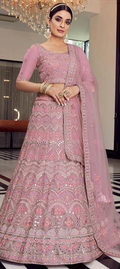 Festive, Party Wear Pink and Majenta color Lehenga in Organza Silk, Silk fabric with A Line Embroidered, Mirror, Thread, Zari, Zircon work : 1788811