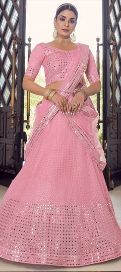 Festive, Party Wear Pink and Majenta color Lehenga in Georgette fabric with A Line Mirror, Sequence, Thread work : 1788818