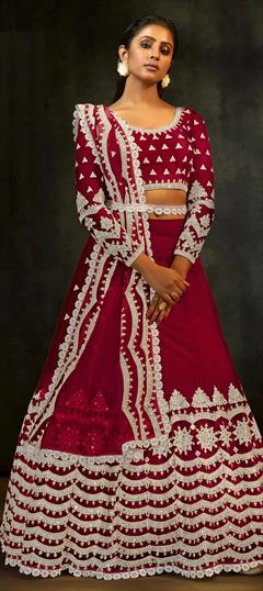 Engagement, Mehendi Sangeet Red and Maroon color Lehenga in Net fabric with A Line Embroidered, Sequence, Thread work : 1789002