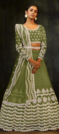 Engagement, Mehendi Sangeet Green color Lehenga in Net fabric with A Line Embroidered, Sequence, Thread work : 1789004