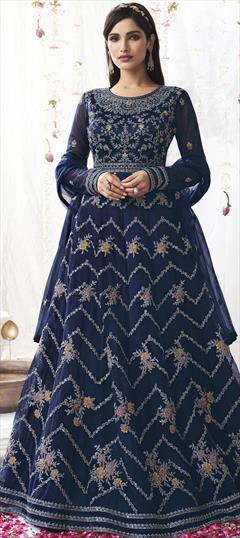 Festive, Party Wear Blue color Salwar Kameez in Net fabric with Anarkali Resham, Sequence, Thread, Zari work : 1789176