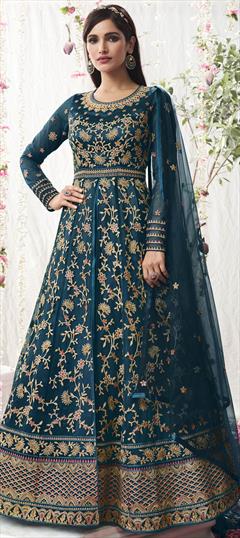 Festive, Party Wear Blue color Salwar Kameez in Net fabric with Anarkali Resham, Sequence, Thread, Zari work : 1789186
