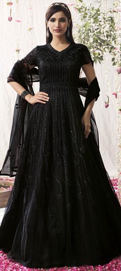 Festive, Party Wear Black and Grey color Salwar Kameez in Net fabric with Anarkali Resham, Sequence, Thread, Zari work : 1789189