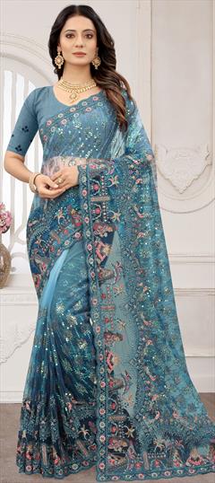 Mehendi Sangeet, Party Wear, Wedding Blue color Saree in Net fabric with Classic Embroidered, Resham, Sequence, Thread work : 1789409