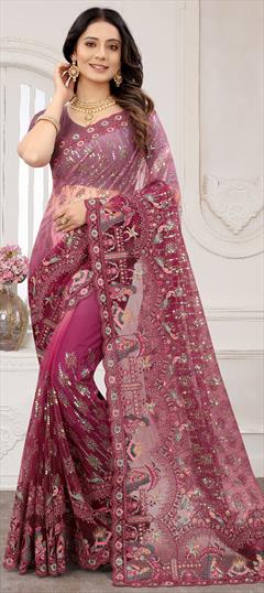 Designer, Mehendi Sangeet, Party Wear, Reception, Wedding Purple and Violet color Saree in Net fabric with Classic Embroidered, Resham, Sequence, Thread work : 1789410