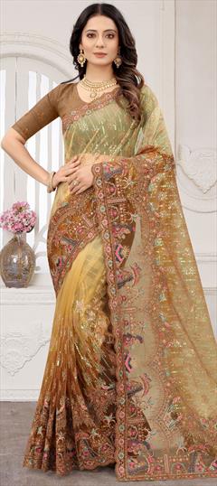 Mehendi Sangeet, Party Wear, Wedding Beige and Brown color Saree in Net fabric with Classic Embroidered, Resham, Sequence, Thread work : 1789412