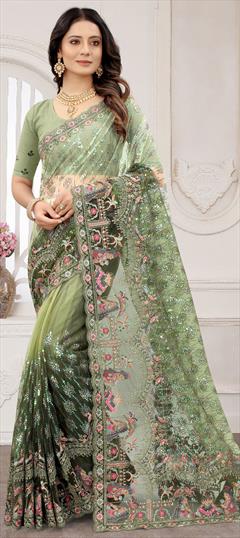 Mehendi Sangeet, Party Wear, Wedding Green color Saree in Net fabric with Classic Embroidered, Resham, Sequence, Thread work : 1789413
