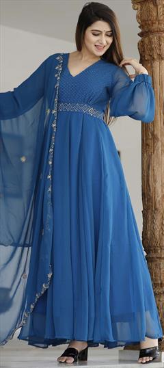 Festive, Party Wear Blue color Kurti in Georgette fabric with Anarkali, Long Sleeve Block Print work : 1789444