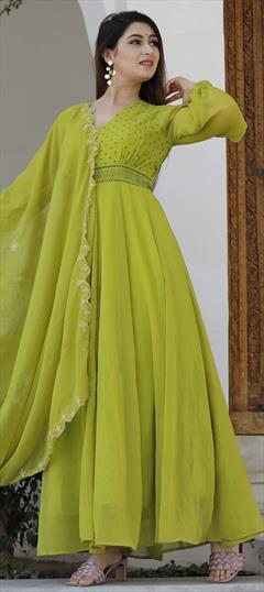 Festive, Party Wear Green color Kurti in Georgette fabric with Anarkali, Long Sleeve Block Print work : 1789450