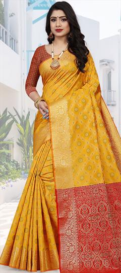 Traditional Yellow color Saree in Patola Silk, Silk fabric with South Weaving work : 1789538
