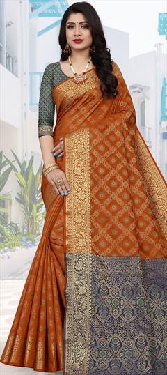 Traditional Orange color Saree in Patola Silk, Silk fabric with South Weaving work : 1789541