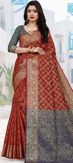 Traditional Orange color Saree in Patola Silk, Silk fabric with South Weaving work : 1789542