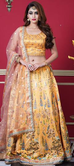 Mehendi Sangeet, Reception Yellow color Ready to Wear Lehenga in Silk fabric with A Line Gota Patti, Swarovski work : 1789568