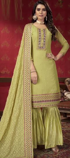 Festive, Party Wear Green color Salwar Kameez in Georgette fabric with Sharara Embroidered, Resham, Sequence, Thread, Zari work : 1789607