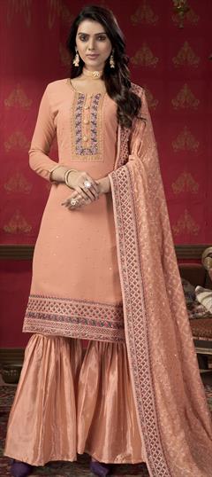 Festive, Party Wear Pink and Majenta color Salwar Kameez in Georgette fabric with Sharara Embroidered, Resham, Sequence, Thread, Zari work : 1789608