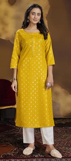 Casual Yellow color Tunic with Bottom in Cotton fabric with Foil Print work : 1789629