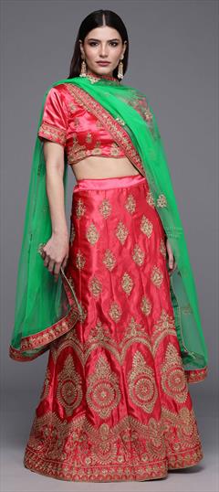 Engagement, Festive, Mehendi Sangeet Pink and Majenta color Lehenga in Satin Silk fabric with A Line Embroidered, Resham, Stone, Thread, Zari work : 1789663