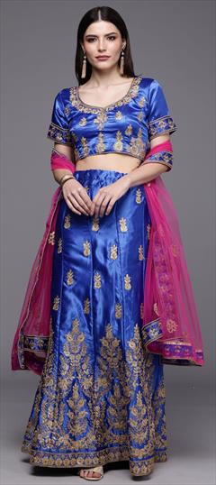 Engagement, Festive, Reception Blue color Lehenga in Satin Silk fabric with A Line Embroidered, Resham, Stone, Thread, Zari work : 1789665