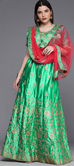 Engagement, Festive, Reception Green color Lehenga in Satin Silk fabric with A Line Embroidered, Resham, Stone, Thread, Zari work : 1789667