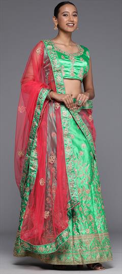 Engagement, Mehendi Sangeet, Reception Green color Lehenga in Satin Silk fabric with A Line Embroidered, Stone, Thread, Zari work : 1789673