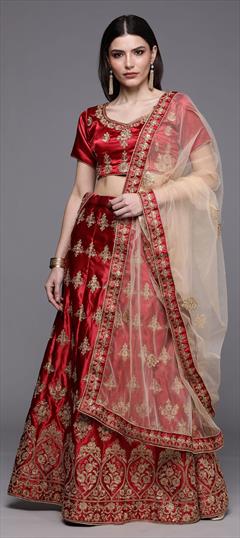 Engagement, Mehendi Sangeet, Reception Red and Maroon color Lehenga in Satin Silk fabric with A Line Embroidered, Stone, Thread, Zari work : 1789677