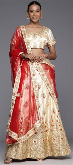 Engagement, Mehendi Sangeet, Reception Beige and Brown color Lehenga in Satin Silk fabric with A Line Embroidered, Stone, Thread, Zari work : 1789678
