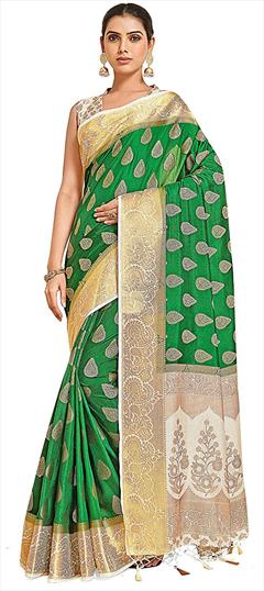 Traditional, Wedding Green color Saree in Kanchipuram Silk, Silk fabric with South Weaving, Zari work : 1789687