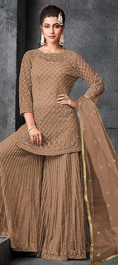 Festive, Party Wear Beige and Brown color Salwar Kameez in Net fabric with Palazzo Embroidered, Thread work : 1789691