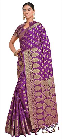 Traditional, Wedding Purple and Violet color Saree in Kanchipuram Silk, Silk fabric with South Weaving, Zari work : 1789693