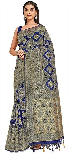 Traditional, Wedding Blue color Saree in Kanchipuram Silk, Silk fabric with South Weaving, Zari work : 1789699