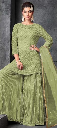 Festive, Party Wear Green color Salwar Kameez in Net fabric with Palazzo Embroidered, Thread work : 1789700