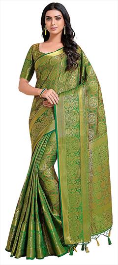 Traditional, Wedding Green color Saree in Kanchipuram Silk, Silk fabric with South Weaving, Zari work : 1789712