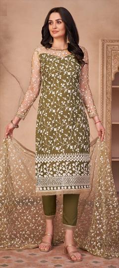Festive, Party Wear Green color Salwar Kameez in Net fabric with Straight Embroidered, Sequence, Thread work : 1789870