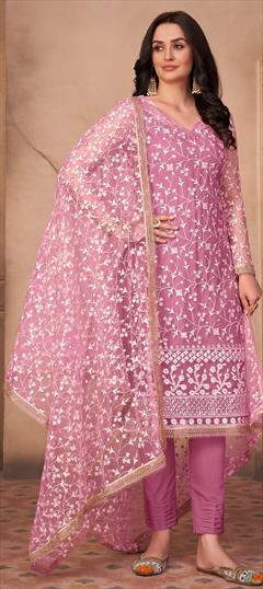 Festive, Party Wear Pink and Majenta color Salwar Kameez in Net fabric with Straight Embroidered, Sequence, Thread work : 1789874