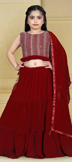 Red and Maroon color Kids Lehenga in Georgette fabric with Embroidered, Resham, Sequence work : 1790006