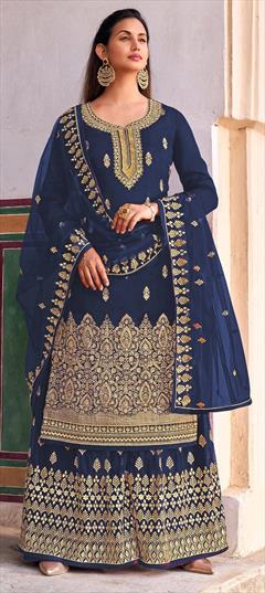 Festive, Party Wear Blue color Salwar Kameez in Dolla Silk fabric with Palazzo Embroidered, Resham, Thread work : 1790108