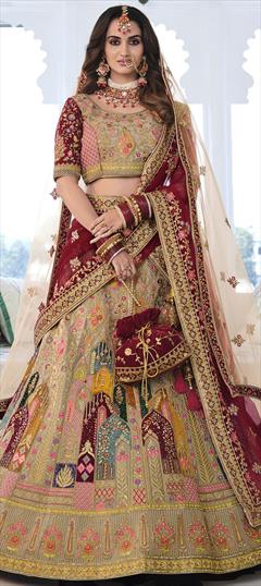 Bridal, Wedding Beige and Brown color Lehenga in Velvet fabric with A Line Embroidered, Resham, Sequence, Thread, Zari work : 1790148